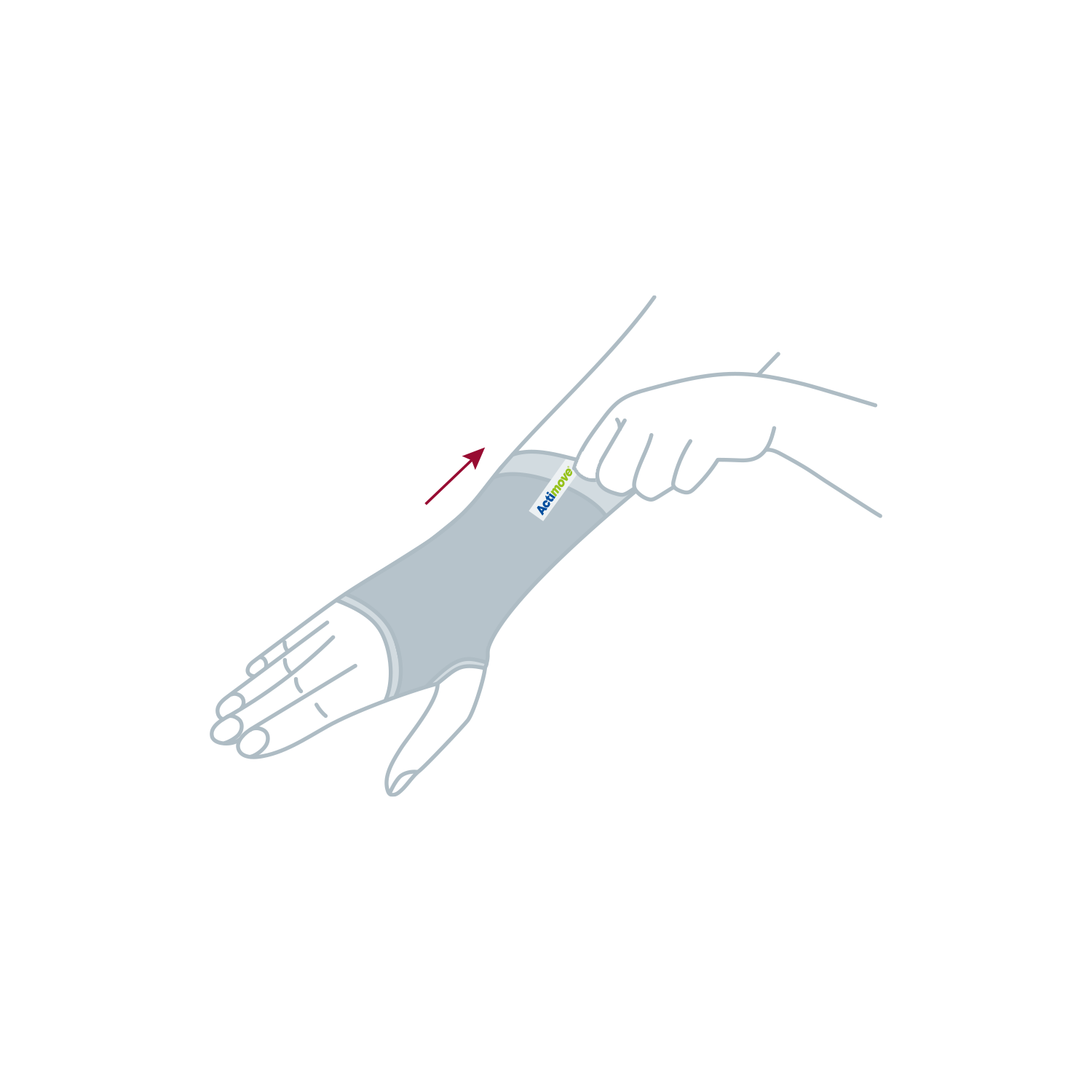 How to put on the Actimove Arthritis Care Support: Slide your hand into the wrist sleeve and place your thumb through the opening on the side How to put on the Actimove Arthritis Care Support: Slide your hand into the wrist sleeve and place your thumb through the opening on the side